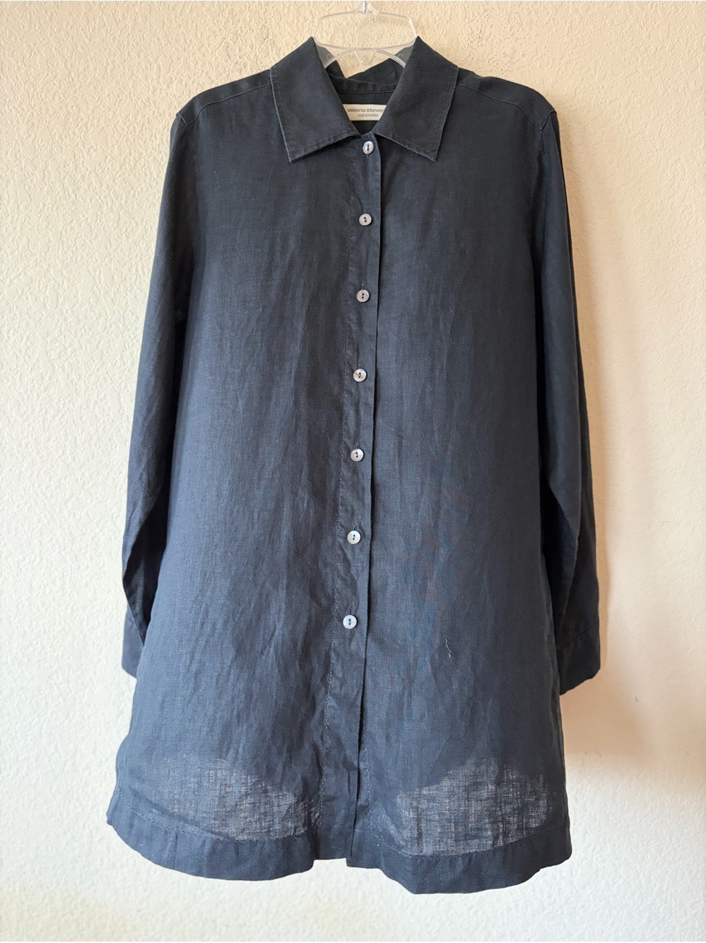 Valerie Stevens pure linen tunic-length button-down shirt Black M